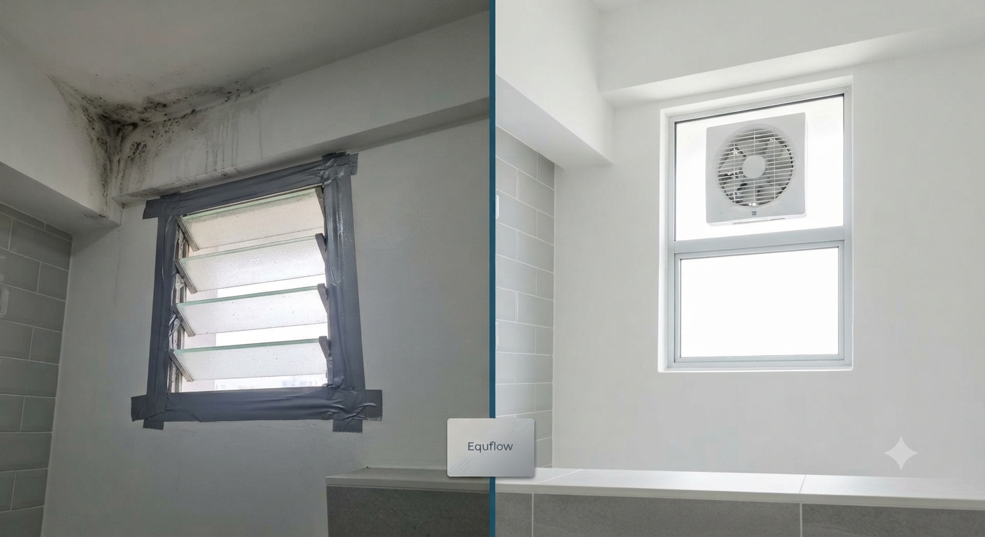 Before and after bathroom ventilation installation with KDK fan in Singapore.